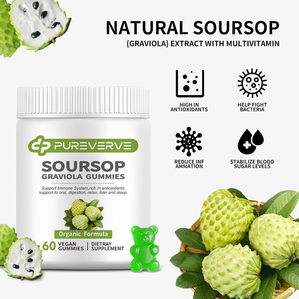 Soursop Graviola Gummies, Max Strength Soursop Leaves Extract with Sea Moss & Zinc for Cell Support & Regeneration, Immunity, Liver and Antioxidant, Sugar/Gluten Free, Vegan - 60 CT