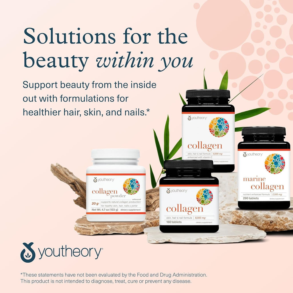 Youtheory Advanced Collagen with Vitamin C - 6,000 Mg Hydrolyzed Collagen Peptides & Amino Acids - Hair, Nails, Joints & Bones Support - 160 Tablets (26-Day Supply)*