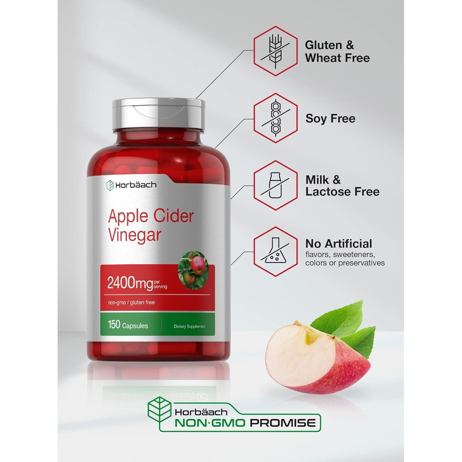 Horbäach Apple Cider Vinegar Capsules | 2400Mg | 150 Count | Non-Gmo, Gluten Free Supplement
