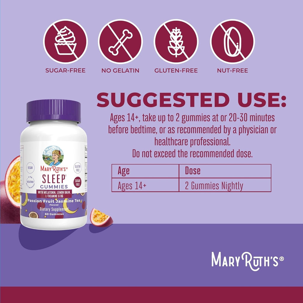 MARYRUTH'S Melatonin 5Mg Sleep Gummy with L-Theanine | Lemon Balm | Vitamin B6 | Sugar-Free | Relaxation | Vegan | Non-Gmo | Gluten Free | 60 Count