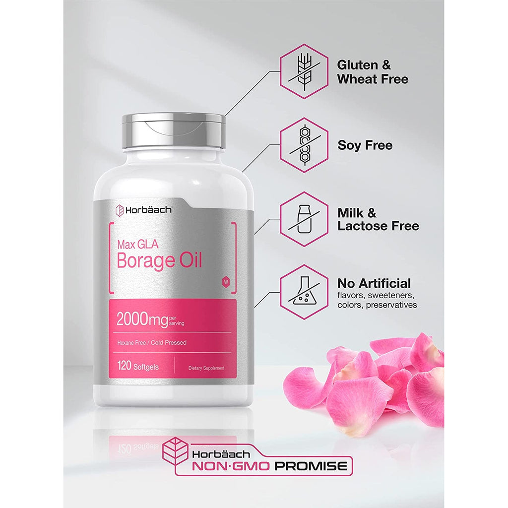 Horbäach Borage Oil Capsules 2000 Mg | 120 Softgels | 320Mg of GLA | Cold Pressed Seed Oil Supplement
