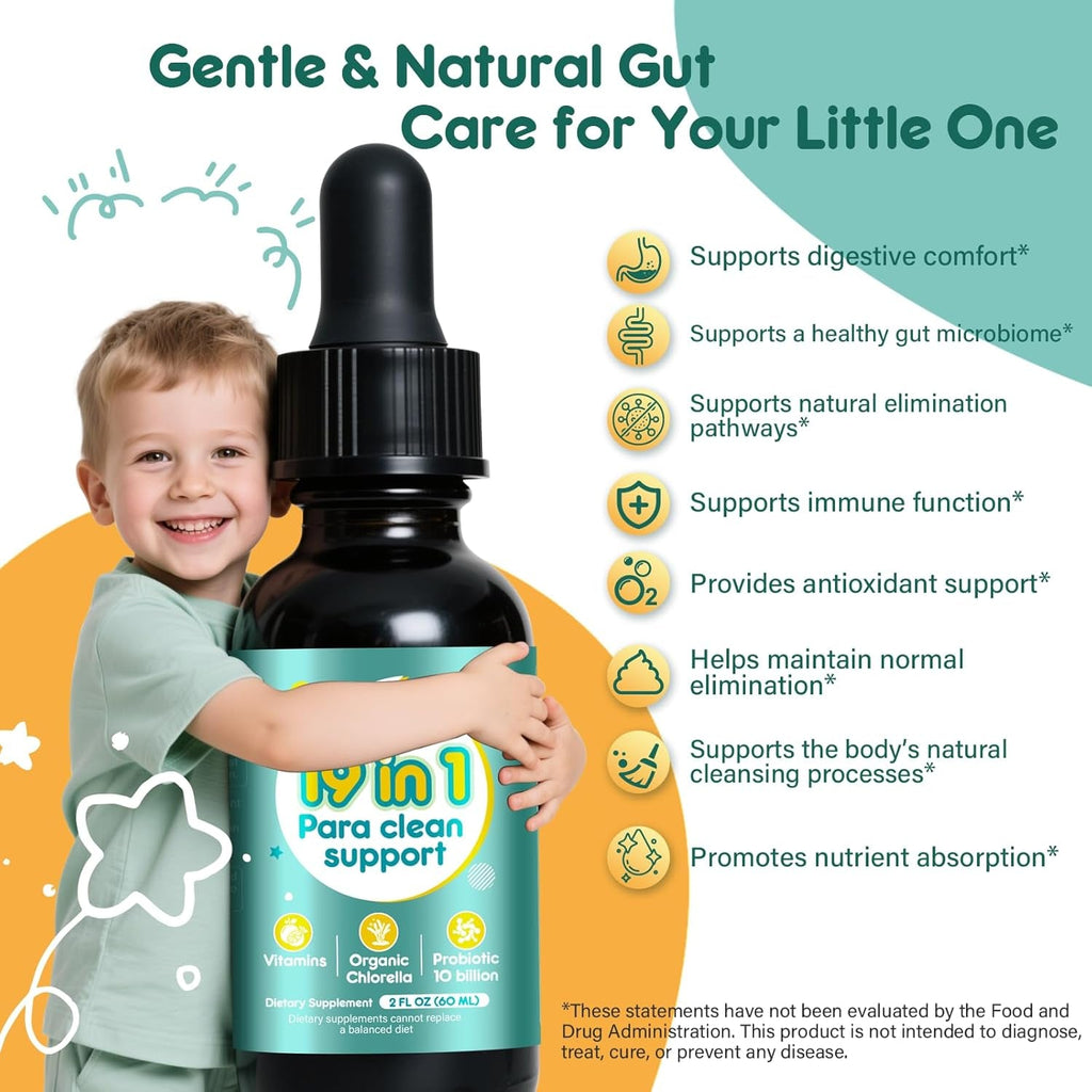 19 in 1 Herbal Gut Cleanse Drops – Wormwood, Black Walnut, Chlorella 250Mg, 10B Probiotics, Clove & Oregano – Liquid Detox Support for Adults & Kids, Alcohol-Free, 2Oz