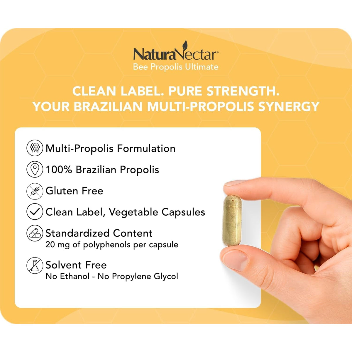 Naturanectar - Ultimate Bee Propolis Capsules - NSF Contents Certified -Brazilian Red, Brown, & Green - Gluten-Free Supplement with Flavonoids - Naturally Sourced through Ethical Beekeeping (60Pcs.)