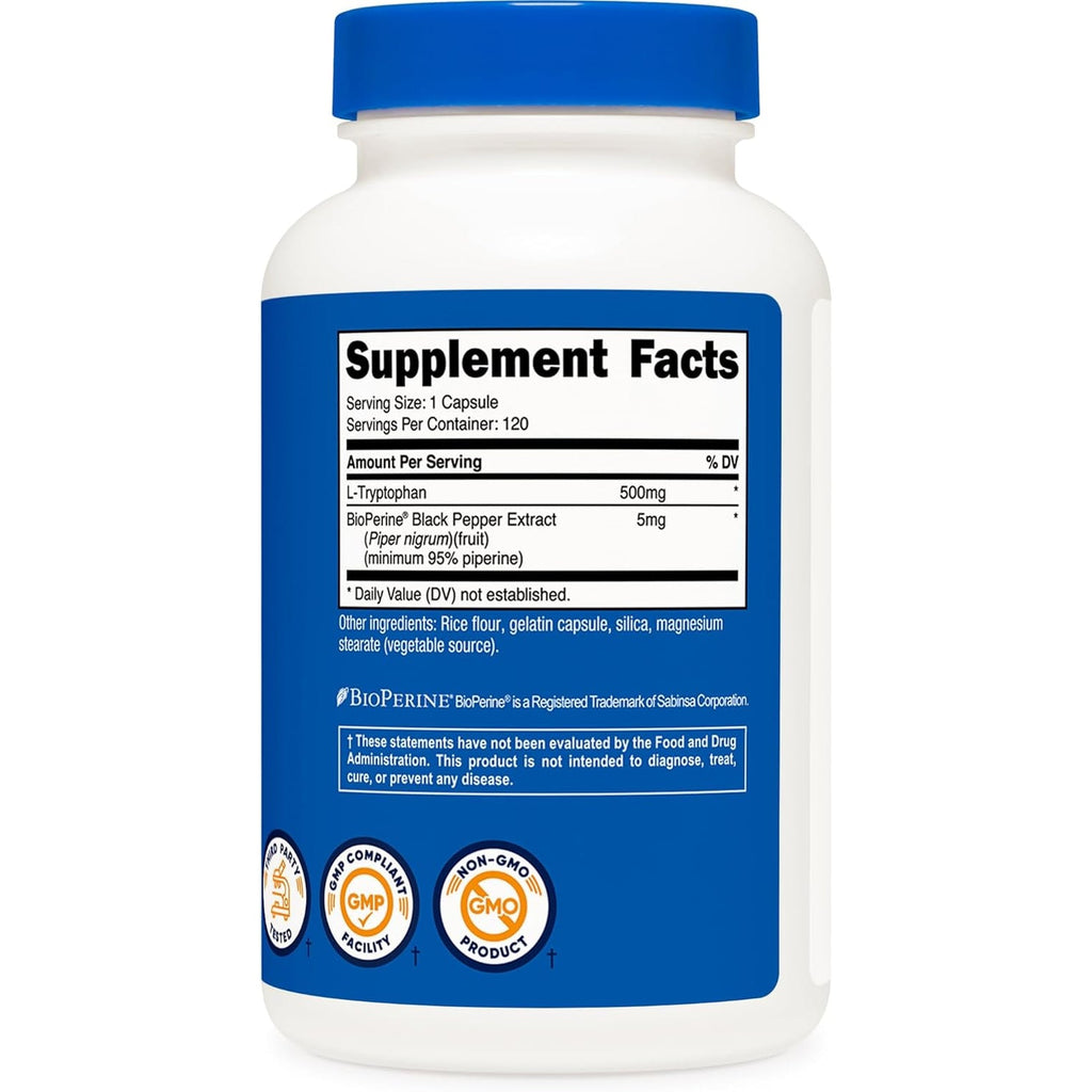 Nutricost L-Tryptophan 500Mg, 120 Capsules - with Bioperine, Gluten Free, Non-Gmo