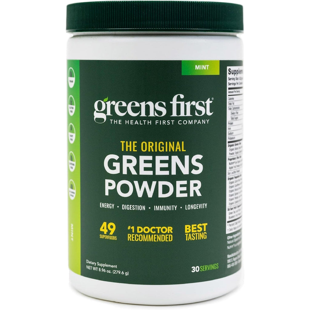 Greens First Original Greens Powder - 49 Superfoods - Organic Fruits & Veggies - Prebiotics, Probiotics & Digestive Enzymes - Antioxidant Smoothie - Dairy Free, Vegan & Non-Gmo (Mint, 30 Servings)