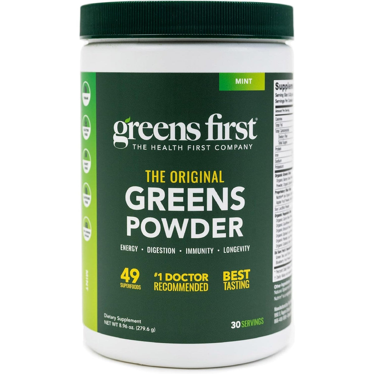 Greens First Original Greens Powder - 49 Superfoods - Organic Fruits & Veggies - Prebiotics, Probiotics & Digestive Enzymes - Antioxidant Smoothie - Dairy Free, Vegan & Non-Gmo (Mint, 30 Servings)