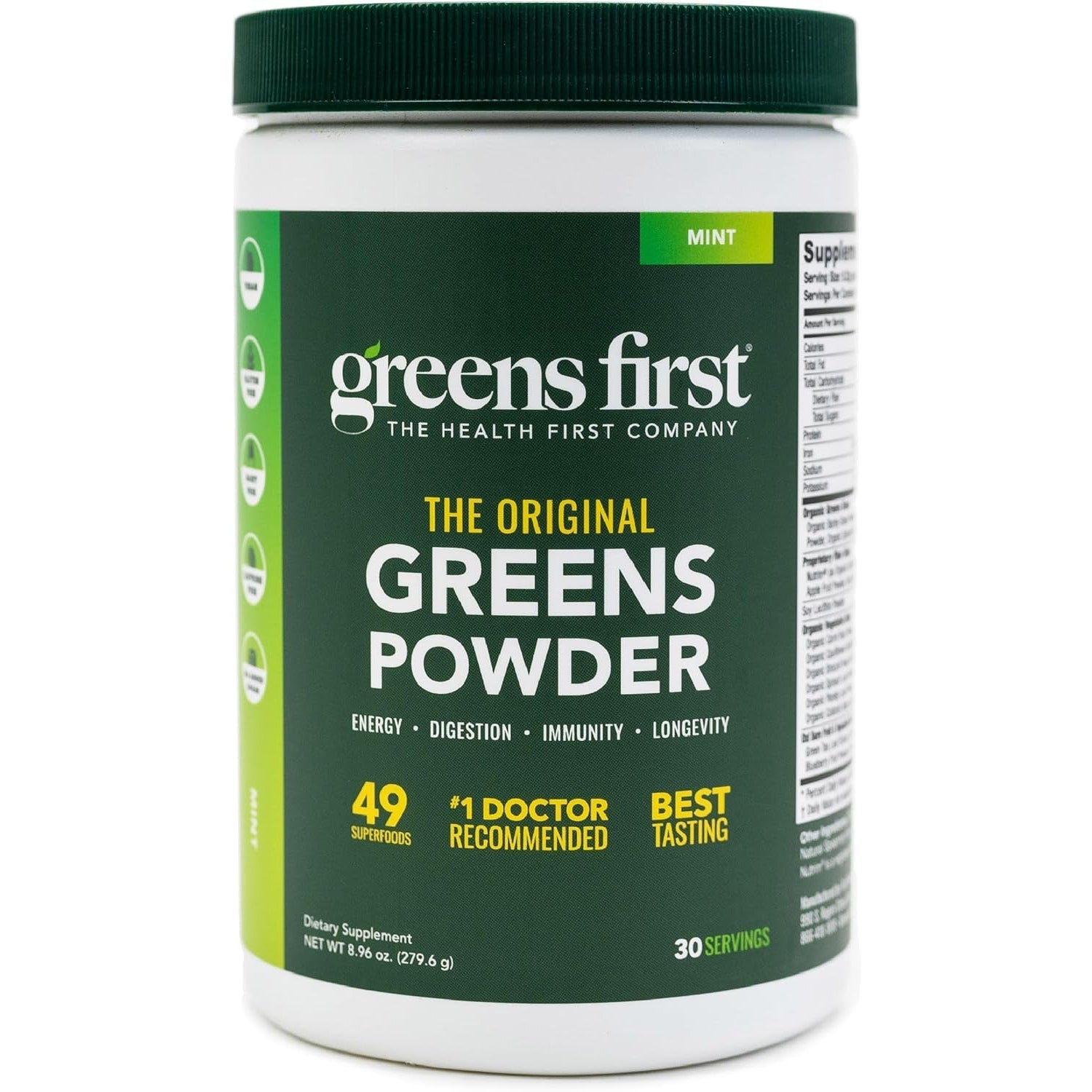 Greens First Original Greens Powder - 49 Superfoods - Organic Fruits & Veggies - Prebiotics, Probiotics & Digestive Enzymes - Antioxidant Smoothie - Dairy Free, Vegan & Non-Gmo (Mint, 30 Servings)