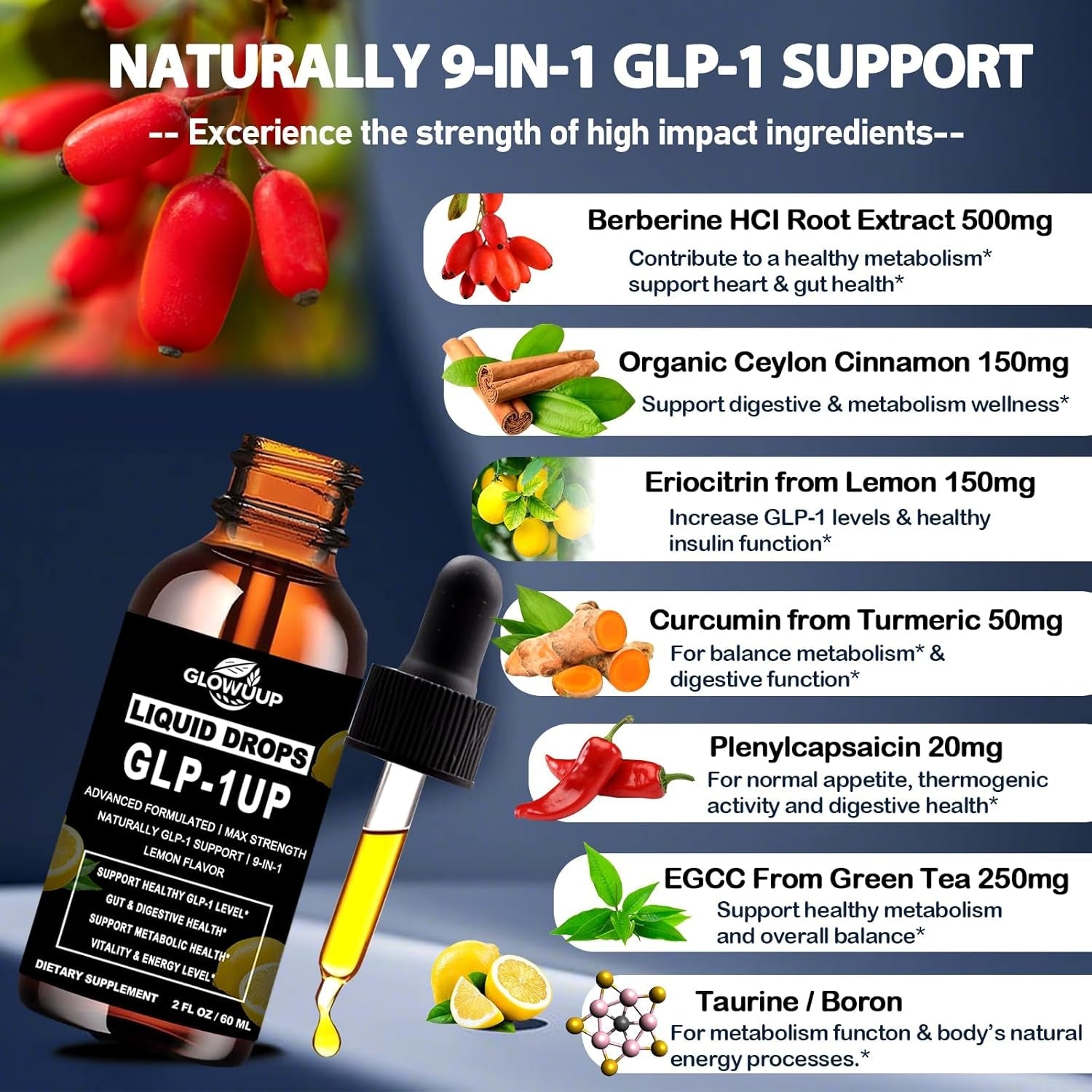 Berberine Supplement Liquid for Women & Men, Liposomal Berberine with Ceylon Cinnamon Green Tea Eriocitrin Curcumin & Aloe Vera for Metabolism & GLP-1 Booster, GLP 1 Drops 6X Stronger than Gummies