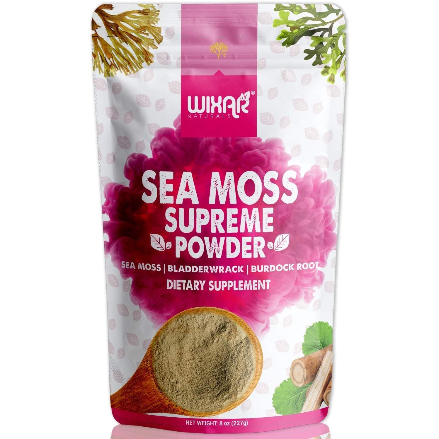 Wixar Wildcrafted Sea Moss Powder – (8 Ounces) – Natural Irish Sea Moss and Bladderwrack with Burdock Powder - Thyroid Support, Healthy Skin, Keto Detox, Joint Support Alkaline Supplements