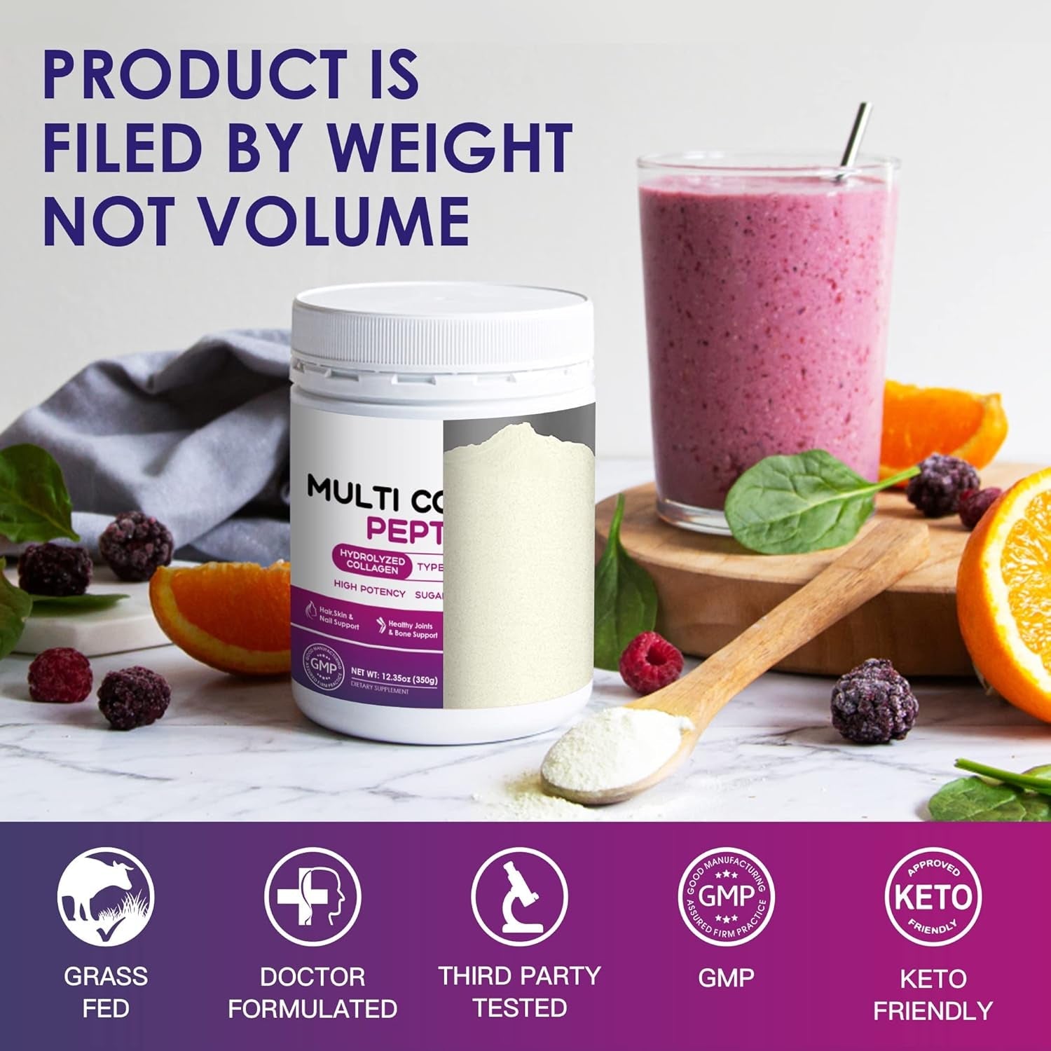 NATURE TARGET Multi Collagen Peptides Powder - Type I, II, III, V, X - Hydrolyzed Collagen Peptides with Vitamin C Hyaluronic Acid, Supports Skin Hair Nail & Joint, Grass-Fed, Non-Gmo, 35 Servings