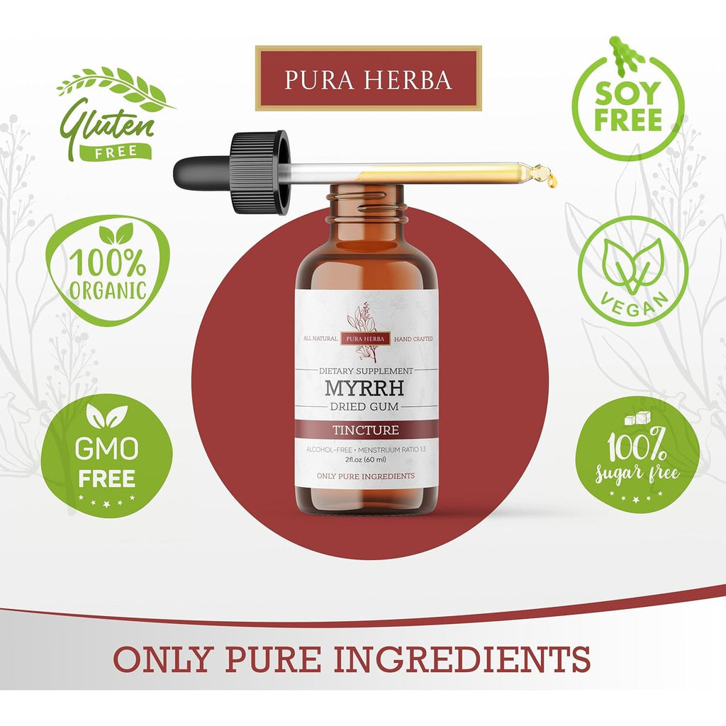 Pura Herba Organic Myrrh Liquid Extract - Alcohol-Free Tincture Drops | Non-Gmo, Vegan, Gluten-Free Herbal Supplement | 2 Fl Oz | Made in USA