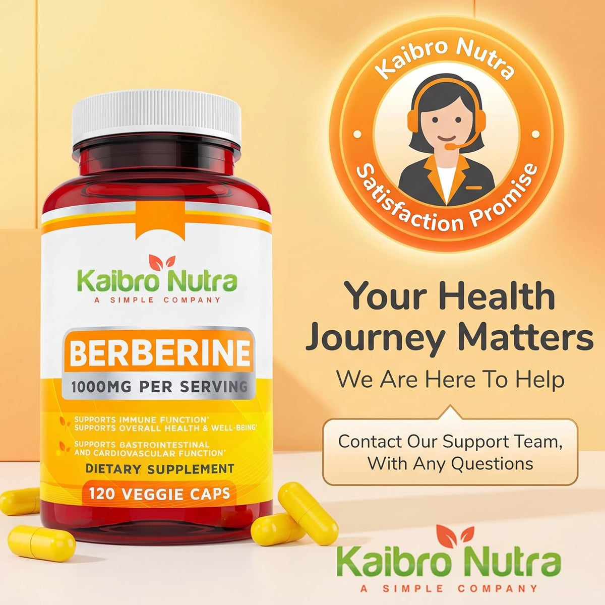 Kaibro Nutra Berberine HCL Supplement 1000Mg - for Immune System, Glucose Support, Circulatory & Gastrointestinal Health, Vegan & Gluten-Free (120 Capsules)