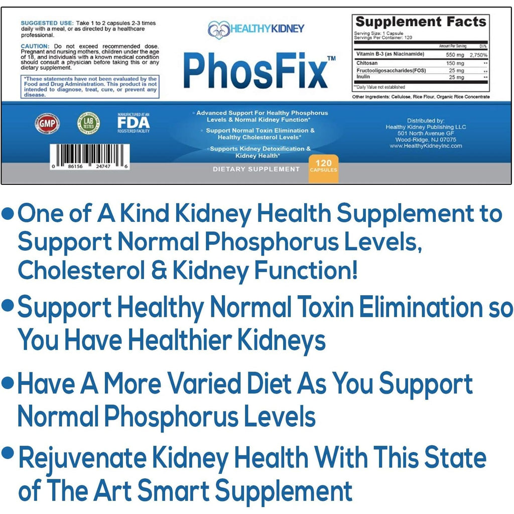 Phosfix 120 Pills Phosphorus Binder with Chitosan for Supporting Normal Phosphorus Levels and Kidney Health. Renal Supplement Optimal Health