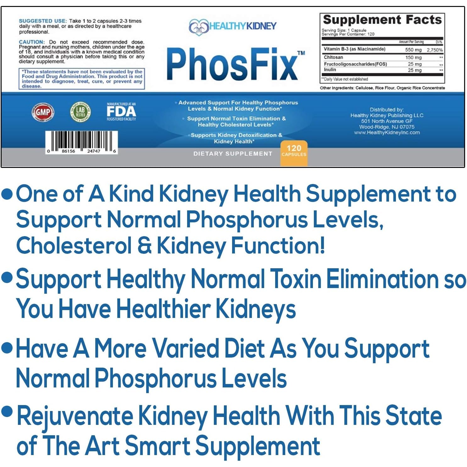Phosfix 120 Pills Phosphorus Binder with Chitosan for Supporting Normal Phosphorus Levels and Kidney Health. Renal Supplement Optimal Health