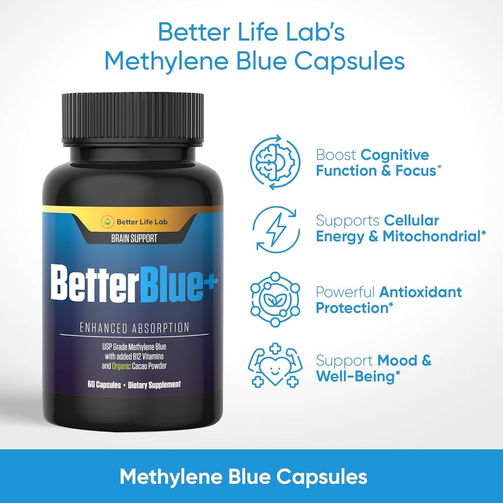 BETTER LIFE LAB Methylene Blue Capsules 60 Count - Pharmaceutical Grade USP for Brain Energy and Cellular Health - Mental Clarity Support Supplement