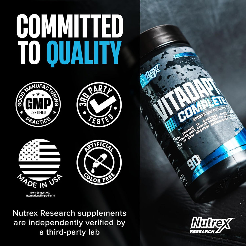 Nutrex Research Vitadapt Complete Sports Multivitamin for Men - 24 Vitamins, KSM-66 Ashwagandha and Minerals for Athletes - Mens Multivitamin (90 Capsules)