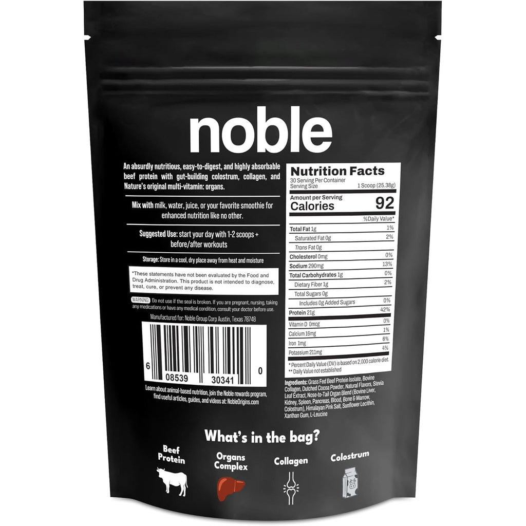 Noble All-In-One Chocolate Protein Powder, 21G Grass-Fed Beef Protein & Collagen, Colostrum & Organ Blend, Whey-Free, Seed Oil-Free, Zero-Carb, 30 Servings (1.75Lbs)