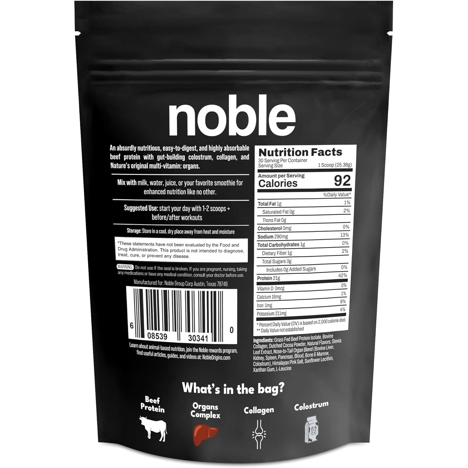 Noble All-In-One Chocolate Protein Powder, 21G Grass-Fed Beef Protein & Collagen, Colostrum & Organ Blend, Whey-Free, Seed Oil-Free, Zero-Carb, 30 Servings (1.75Lbs)