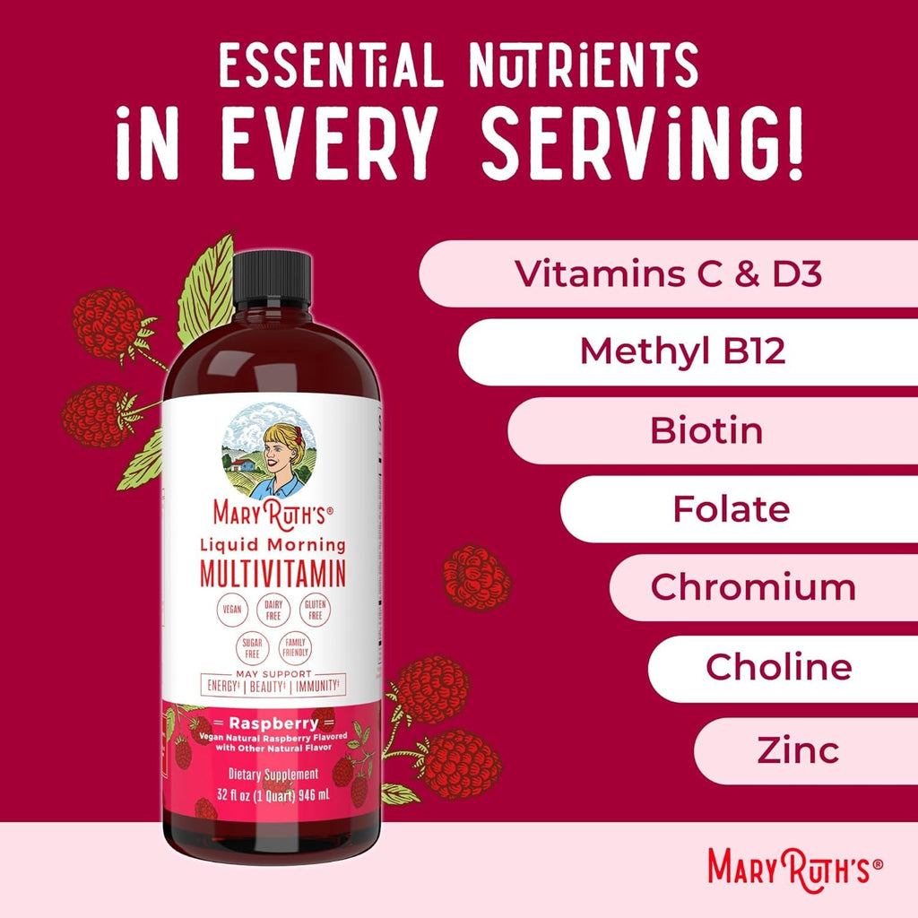MARYRUTH'S Liquid Multivitamin for Women, Men & Kids | Vitamin a C D E B6 B12 Biotin Zinc | Immunity | Energy Metabolism | 15+ Key Nutrients | Vegan | Non-Gmo | Gluten Free | Sugar Free | 32 Servings