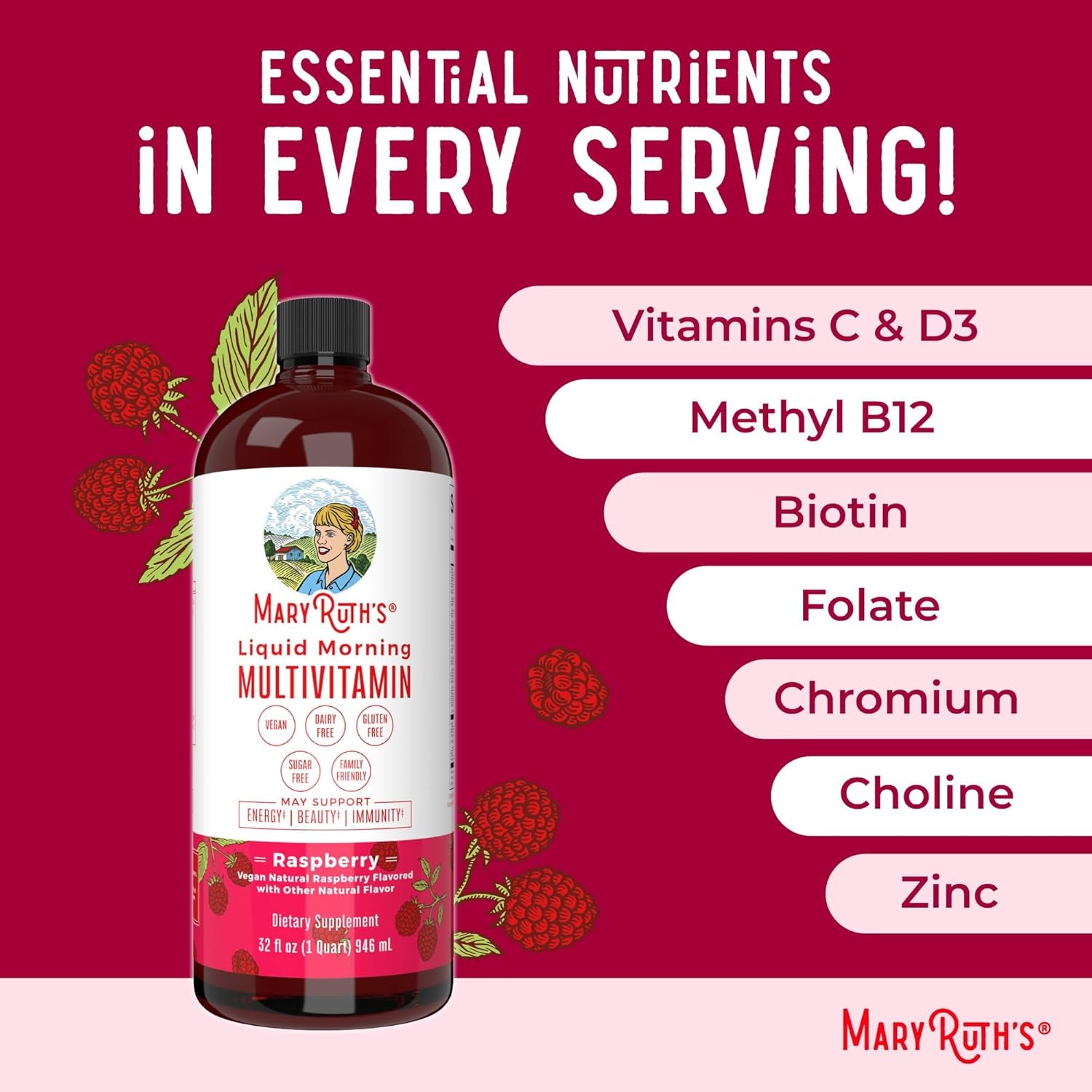 MARYRUTH'S Liquid Multivitamin for Women, Men & Kids | Vitamin a C D E B6 B12 Biotin Zinc | Immunity | Energy Metabolism | 15+ Key Nutrients | Vegan | Non-Gmo | Gluten Free | Sugar Free | 32 Servings