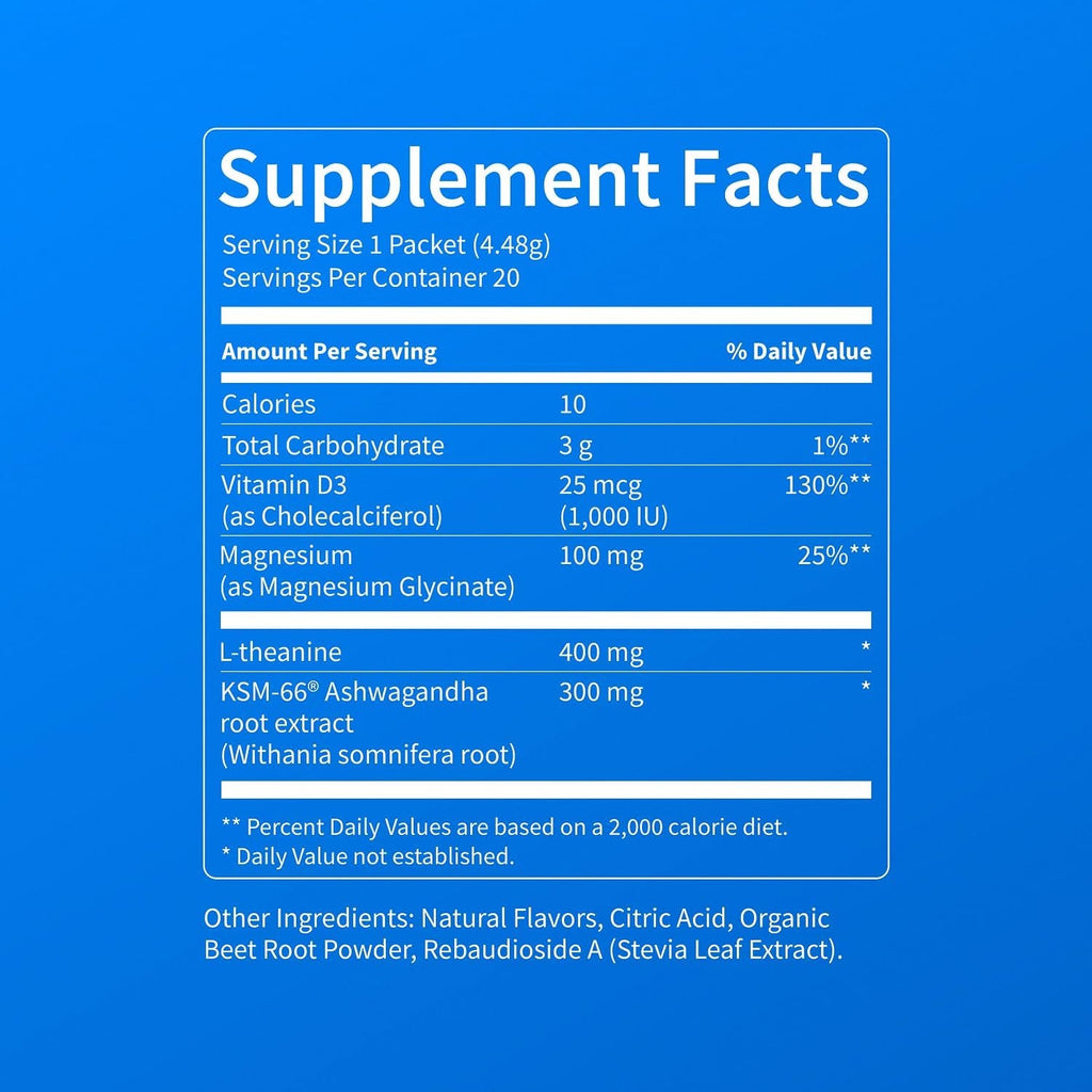 Nello Supercalm Powdered Drink Mix, Cortisol Reducer and Sleep Aid Supplement, L Theanine, Ksm-66 Ashwagandha, Magnesium Glycinate, Vitamin D 3, No Sugar, Non GMO, on the Go, 20 Ct, Raspberry Lemonade