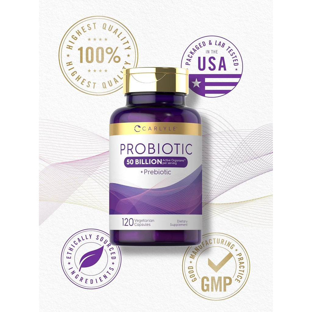 Carlyle Probiotics with Prebiotics | 120 Capsules | 50 Billion Active Organisms | Non-Gmo & Gluten Free Supplement