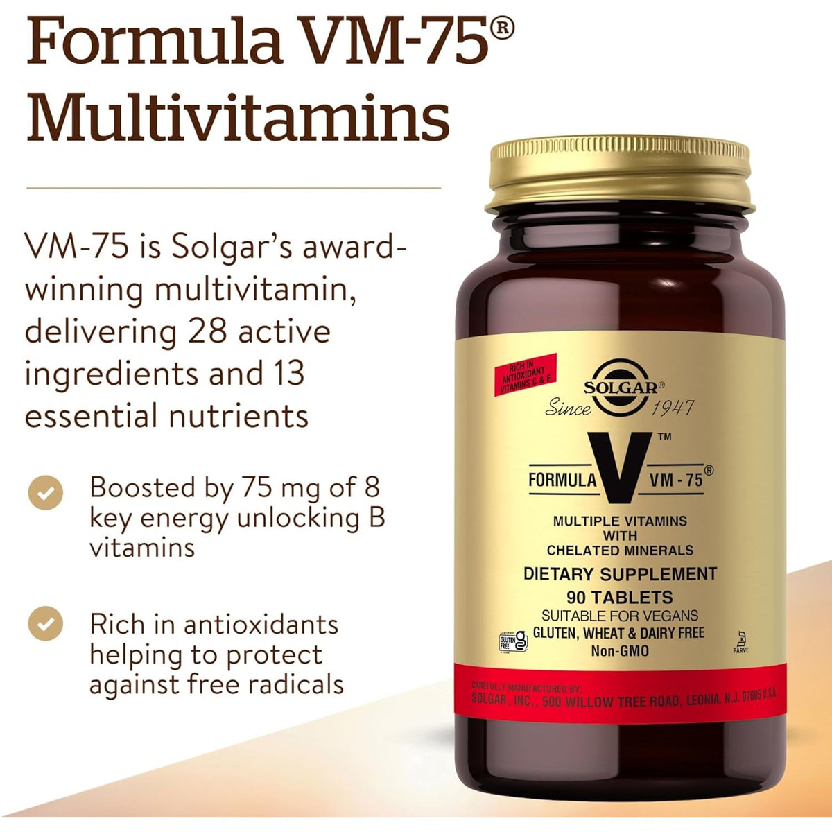 Solgar Formula VM-75, 90 Tablets - Multivitamin with Chelated Minerals - Vitamin A, B6, B12, C, D, E - Biotin, Magnesium, Calcium, Iron, Zinc - Vegan, Gluten Free, Dairy Free, Kosher - 90 Servings