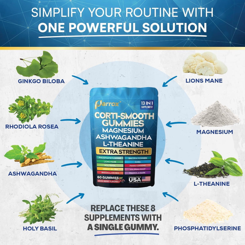 Corti-Smooth Cortisol Support Gummies with Magnesium, L-Theanine, Ashwagandha, Phosphatidylserine, Bacopa Monnieri, Lions Mane, Ginkgo Biloba, Valerian Root (60 Gummies - Mixed Berry Flavor)