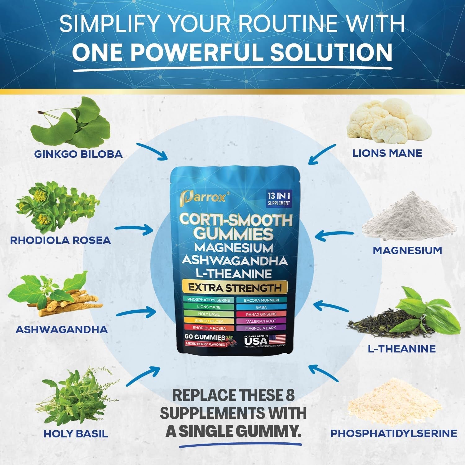Corti-Smooth Cortisol Support Gummies with Magnesium, L-Theanine, Ashwagandha, Phosphatidylserine, Bacopa Monnieri, Lions Mane, Ginkgo Biloba, Valerian Root (60 Gummies - Mixed Berry Flavor)