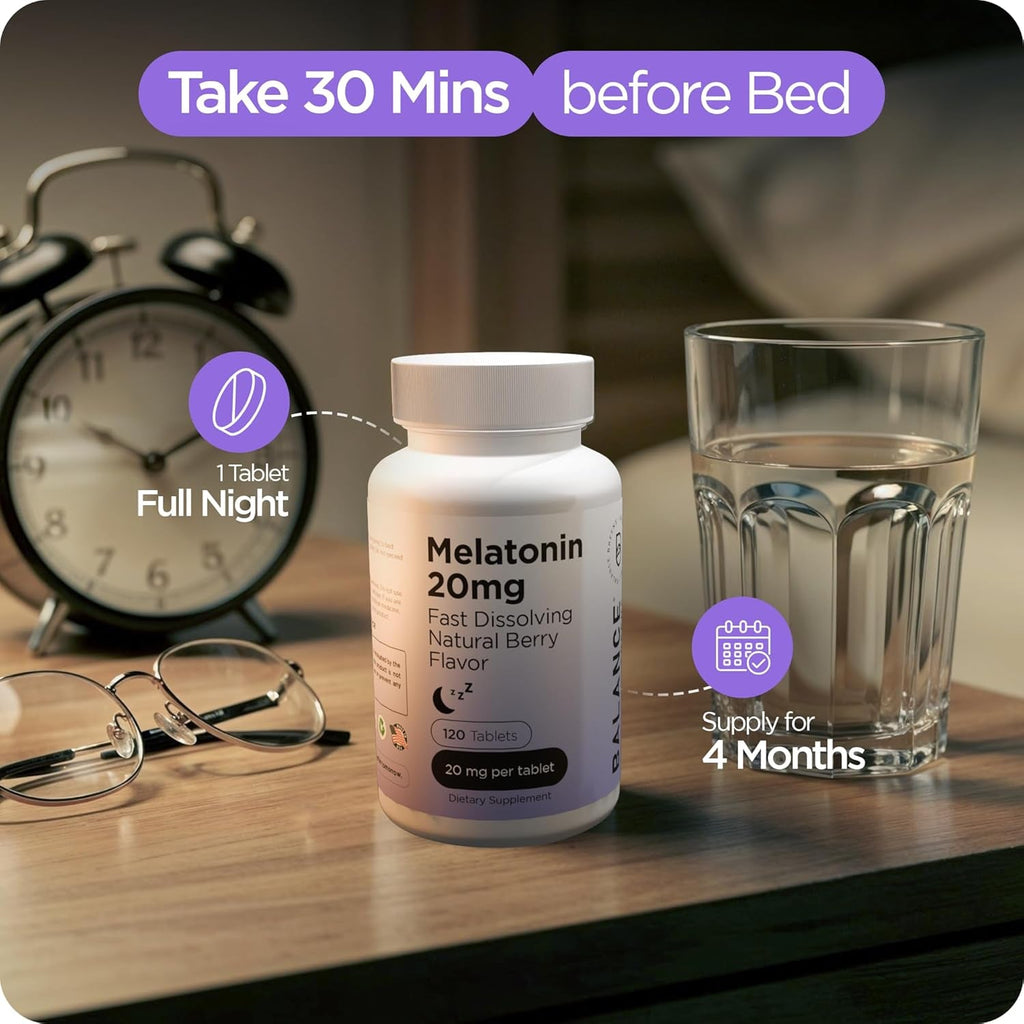 Melatonin 20Mg Fast Dissolve Tablets - High Potency, Fast Acting, Natural Sleep Support - Sleep Aids for Adults - Non-Groggy, Drug-Free Formula - 120 Sleeping Pills (120 Count (Pack of 1))