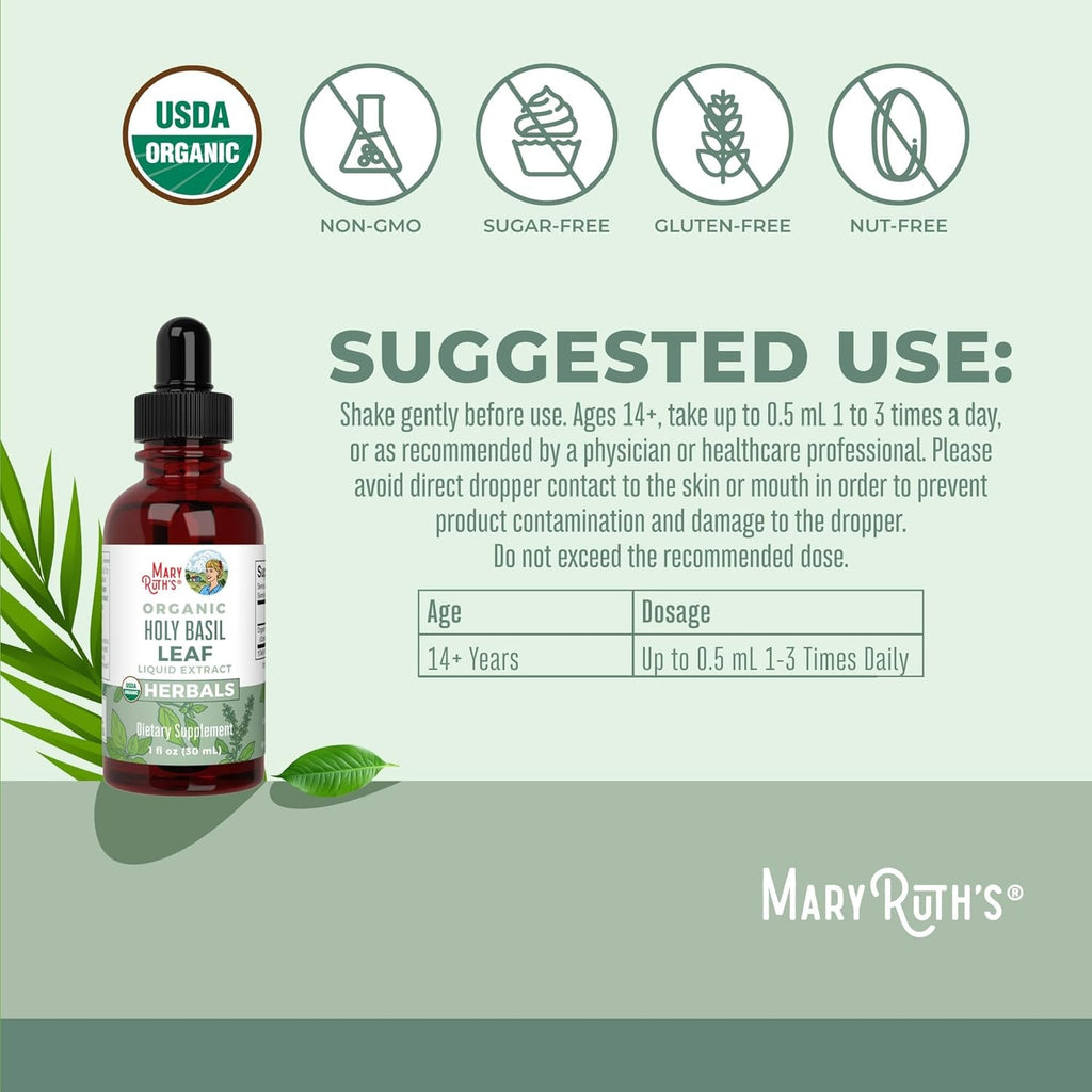 MARYRUTH'S Organics Holy Basil Sugar Free | Tulsi Holy Basil Herbal Liquid Drops | Antioxidant | Cognitive Function | Digestive Support | Energy Levels | Vegan | Non-Gmo | 1 Fl Oz