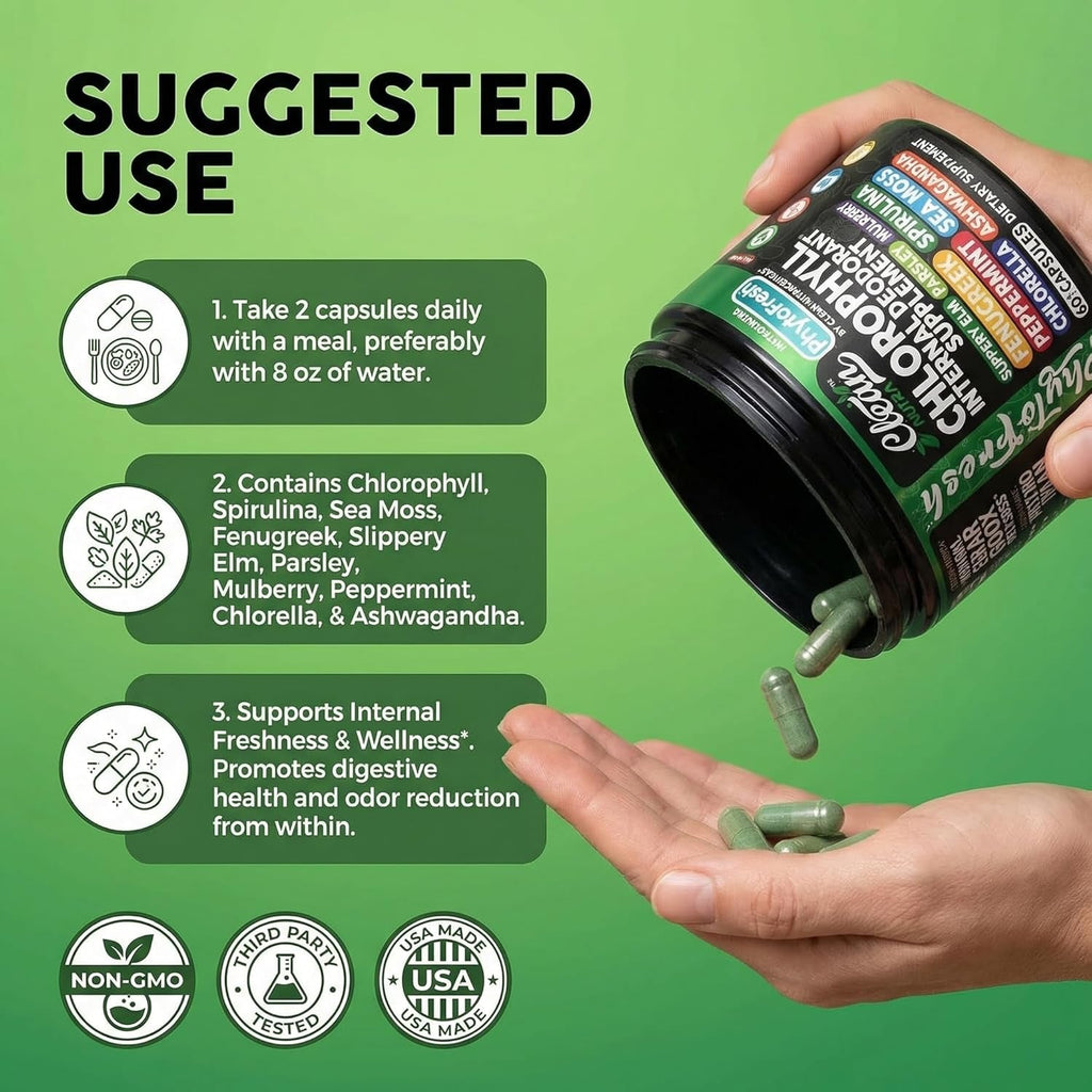 Clean Nutra Chlorophyll Capsules Supplement Internal Deodorant Peppermint, Sea Moss, Parsley, Chlorella, Spirulina, Slippery Elm, Ashwagandha, Phytofresh Greens Detox Pills