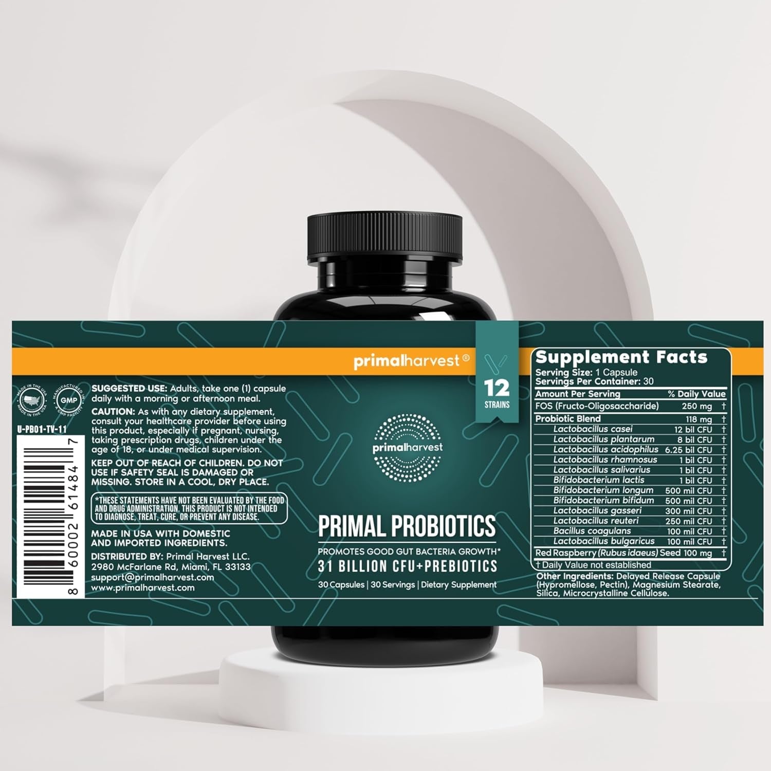 Primal Harvest Probiotics for Women & Men Daily Probiotic Supplement with 12 Strains for Gut & Digestive Health 30 Capsules