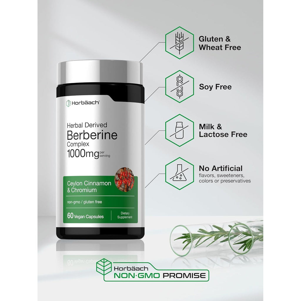 Horbäach Berberine Complex Supplement | 60 Vegan Capsules | with Ceylon Cinnamon & Chromium | Naturally Derived | Non-Gmo, Gluten Free Formula