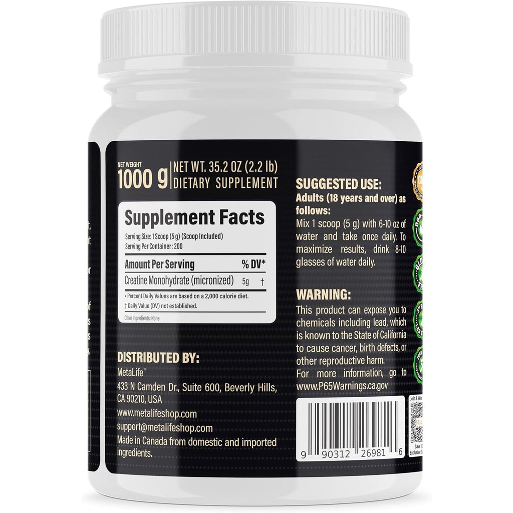 100% Pure Creatine Monohydrate Powder 200 Servings, Micronized Powder, Muscle Growth, Unflavored, Ideal for Athletes & Fitness Enthusiasts, Third Party Lab Tested, Vegan, 1000 G