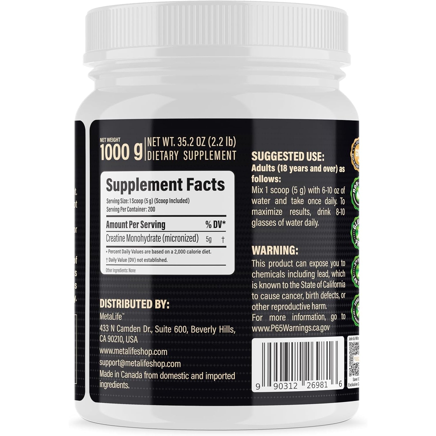 100% Pure Creatine Monohydrate Powder 200 Servings, Micronized Powder, Muscle Growth, Unflavored, Ideal for Athletes & Fitness Enthusiasts, Third Party Lab Tested, Vegan, 1000 G