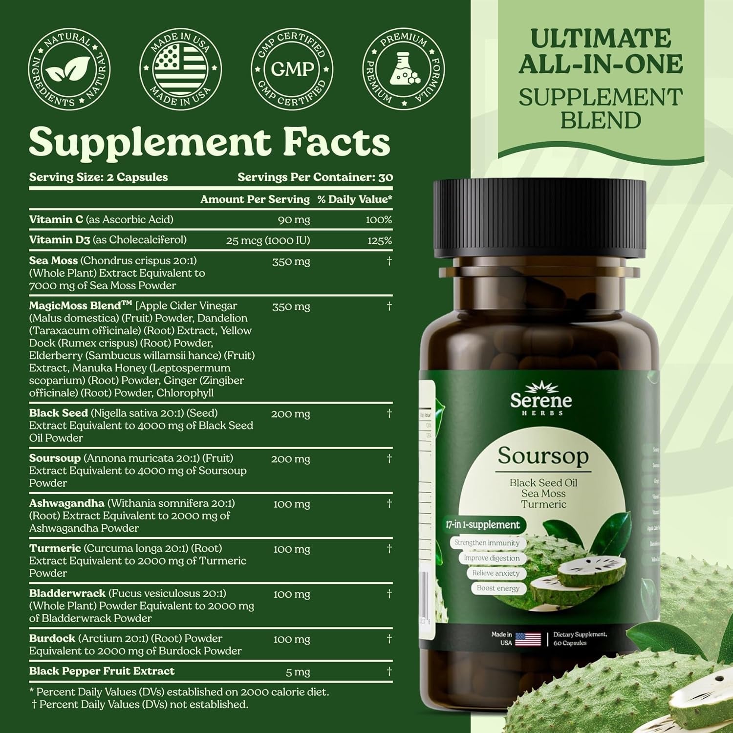 Serene Herbs 17-In-1 Sea Moss Capsules with Irish Seamoss, Black Seed Oil, Ashwagandha, Turmeric & Bladderwrack - Advanced Immunity, Energy & Gut Support - Natural Herbal Supplement - 60 Count
