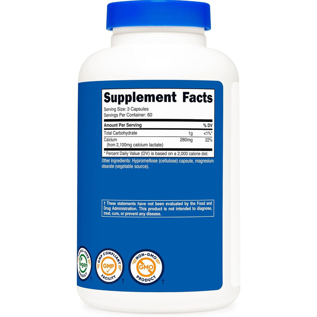 Nutricost Calcium Lactate 2,100Mg; 180 Capsules - Vegan, Non-Gmo and Gluten Free, 60 Servings