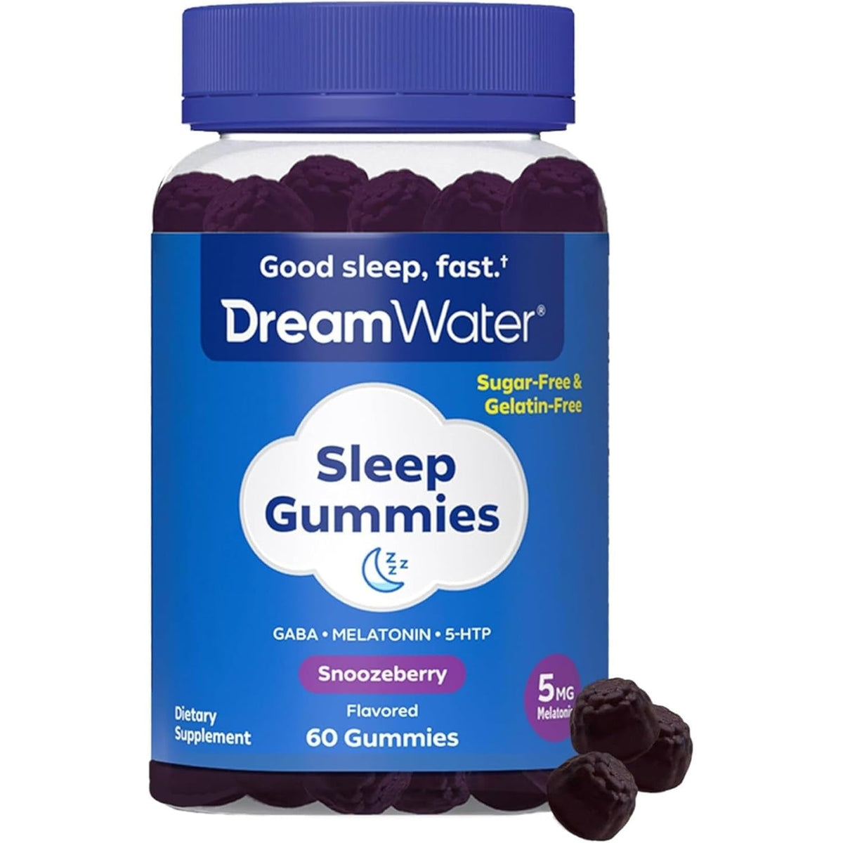 Dream Water Sleep Gummies (60 Count) Sleep Aids for Adults - 5Mg Melatonin, GABA, 5-HTP - Natural Snoozeberry Flavor (Blue Raspberry) - Easy Chew Melatonin Gummies - Sugar Free, Gluten Free, Vegan.