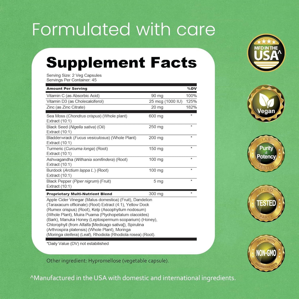 Sea Moss, Black Seed Oil, Bladderwrack, Turmeric, Ashwagandha, Burdock, Vitamin C, D3, Yellow Dock Root, Manuka, Dandelion - 90 Veggie Caps