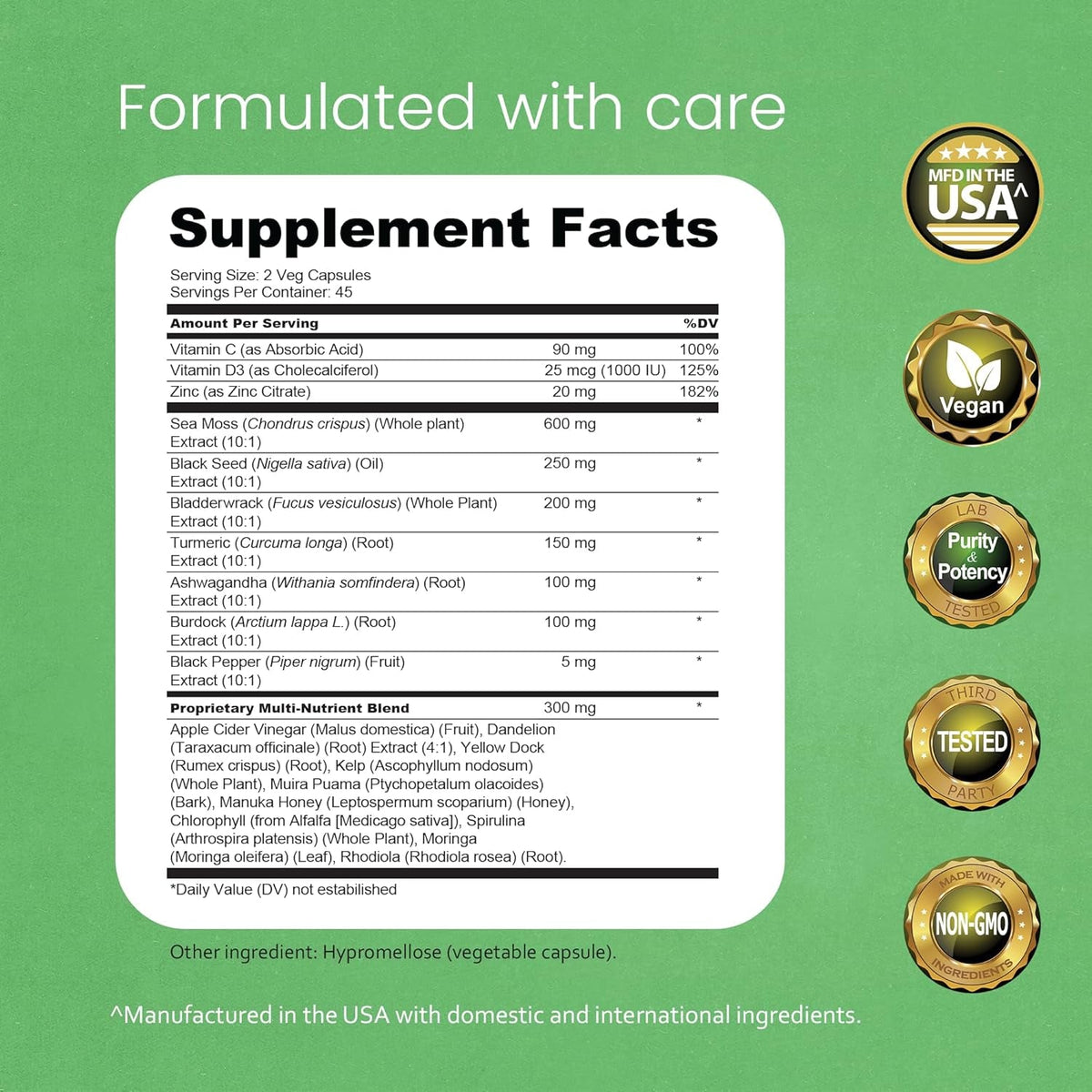 Sea Moss, Black Seed Oil, Bladderwrack, Turmeric, Ashwagandha, Burdock, Vitamin C, D3, Yellow Dock Root, Manuka, Dandelion - 90 Veggie Caps
