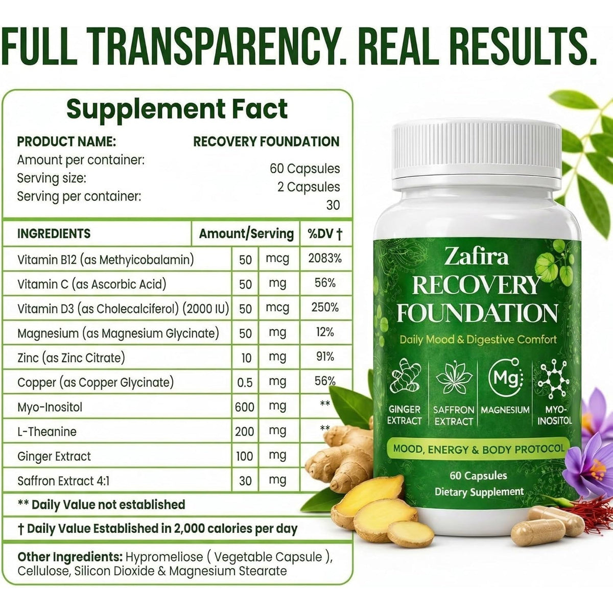 Zafira Recovery Foundation Capsules – Mental Clarity, Hair & Mood Support, Natural Herbal Formula with Saffron Extract, Ginger Extract, L-Theanine, Myo-Inositol, Non-Gmo, 60 Capsules