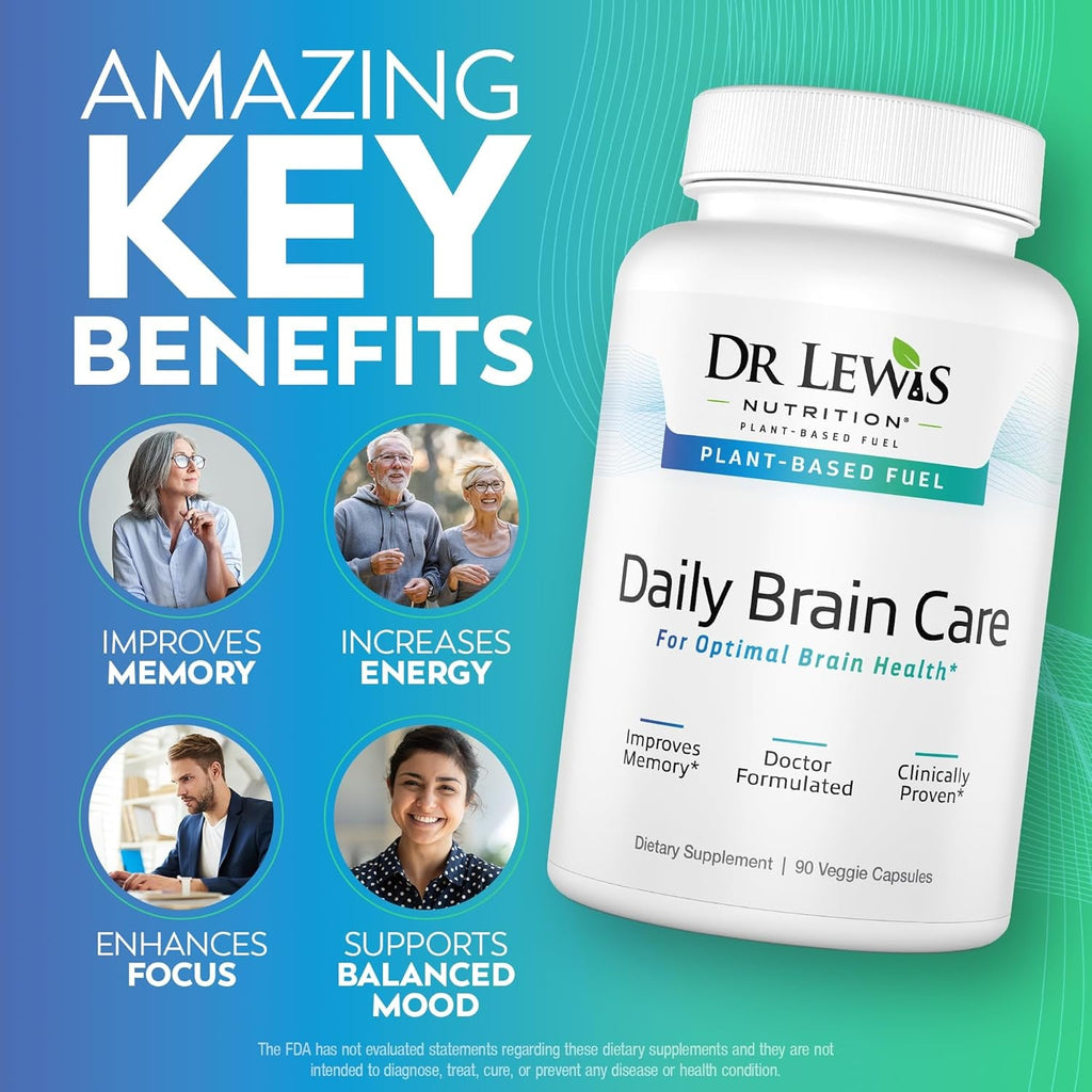 Dr Lewis Daily Brain Care Capsules - Brain Supplements for Memory and Focus with Aloe Vera - Plant-Based Nootropic and Energy Supplement for Brain Fog, Mental Clarity, and Immune Support - 90 Capsules