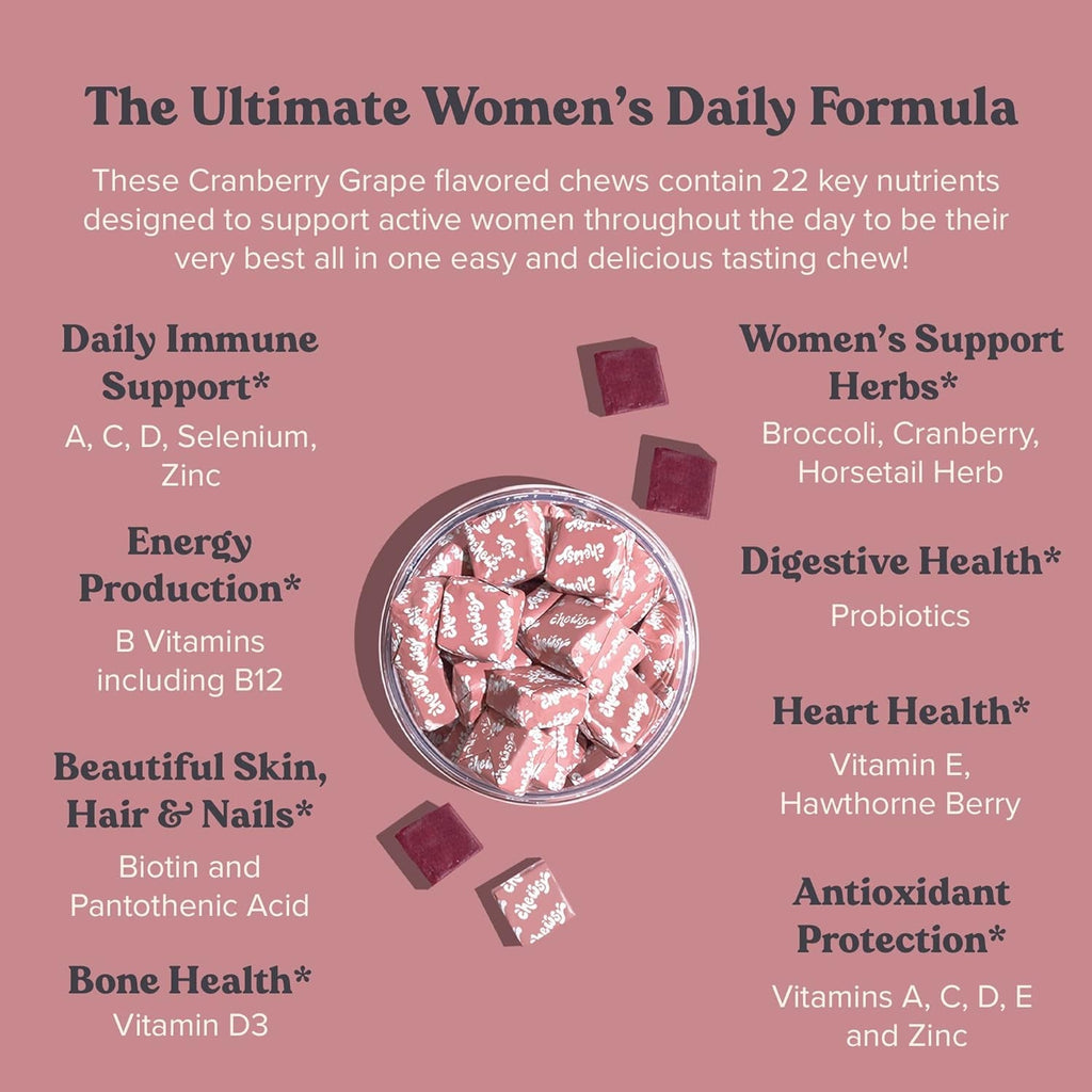 CHEWSY Women'S Multivitamin - Immune & Energy Support - 23 Nutrients Including A, B12, C, Folic Acid, Probiotics, Biotin, Cranberry - 30-Day Supply