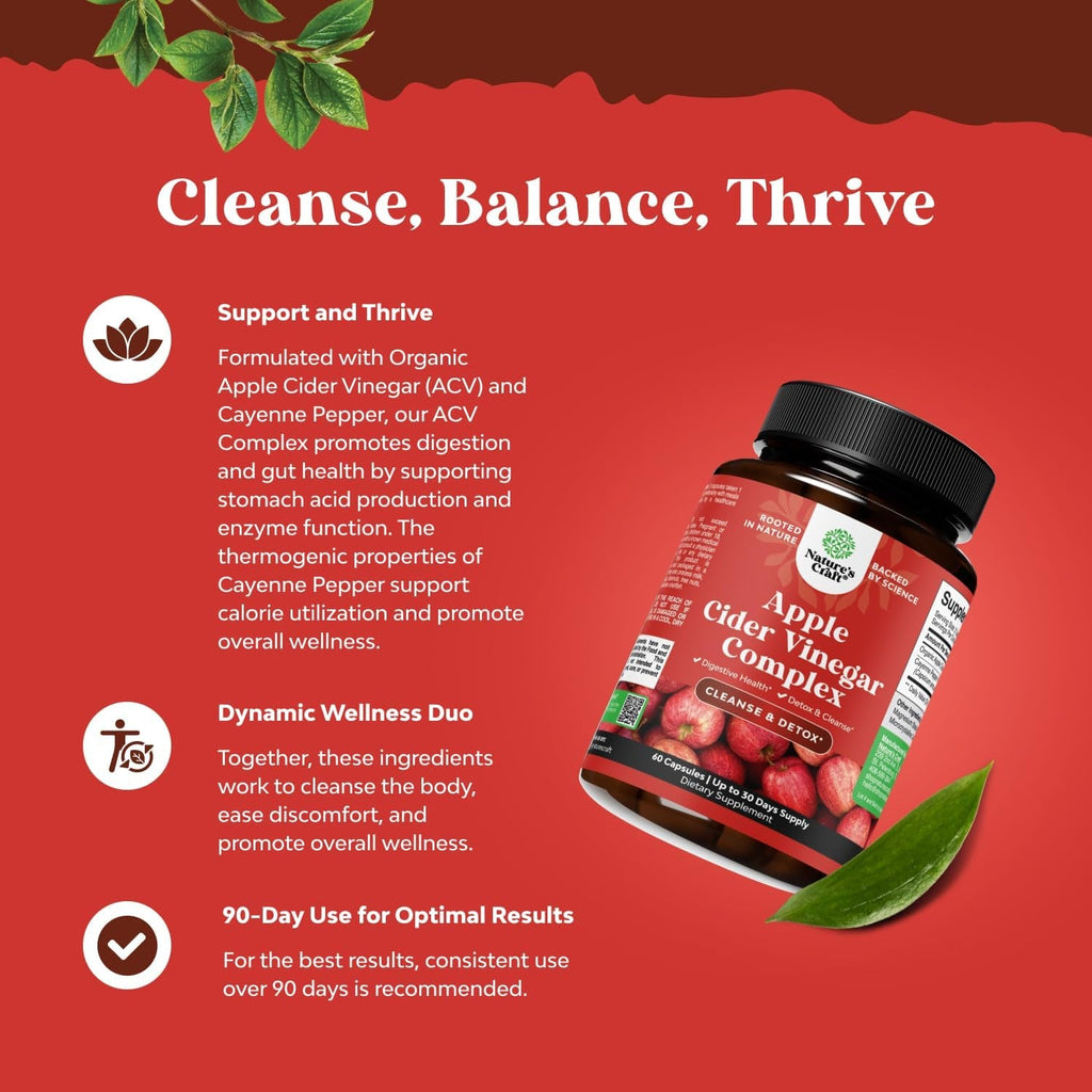 Cleansing Apple Cider Vinegar Capsules - ACV Cleanse and Detox Pills for Gut and Digestive Health with Slimming Cayenne - Extra Strength ACV Capsules for Gut Cleanse and Full Body Detox - 60 Count