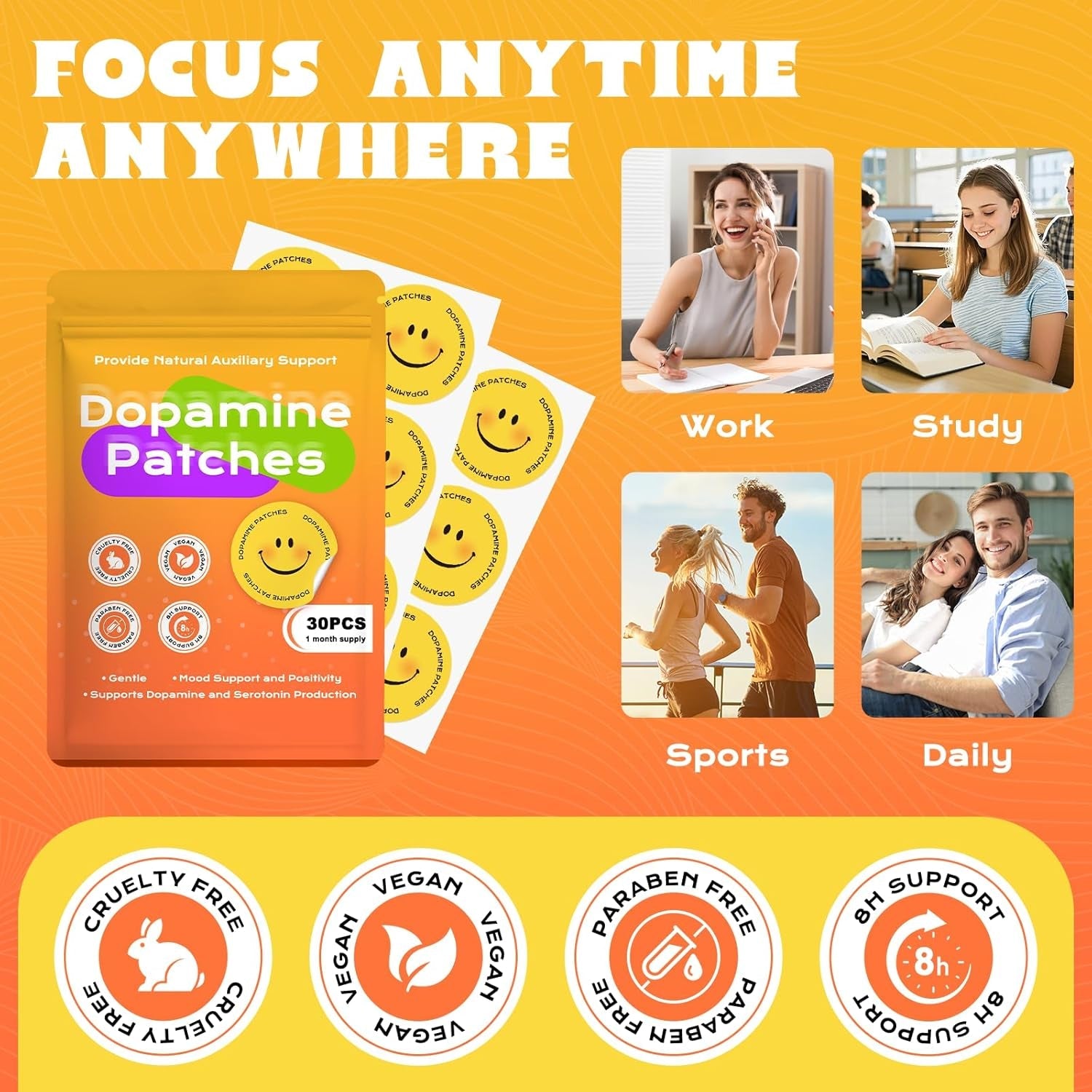 Dopamine Patches Extra Strength, Mood Support Patches for Daily Mood Boost & Positivity Support, Motivation (30 Pcs)