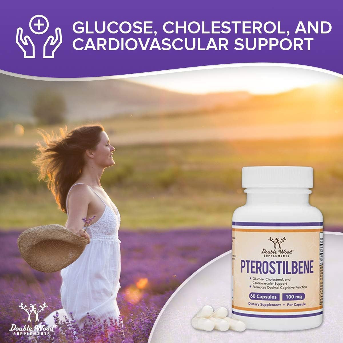 Pterostilbene Supplement 100Mg Capsules (Third Party Tested) 60 Capsules, Superior to Resveratrol, Antioxidant for Longevity Support (Non-Gmo, Gluten Free) by Double Wood