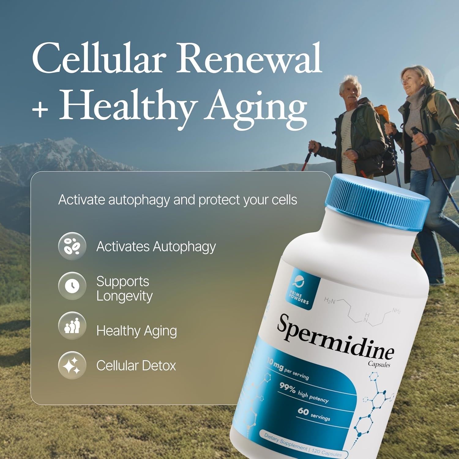 Prime Powders Spermidine Capsules Gluten Free 99% Concentration 100X More Potent than Wheat Germ Extract for Anti-Aging DNA Telomere Support