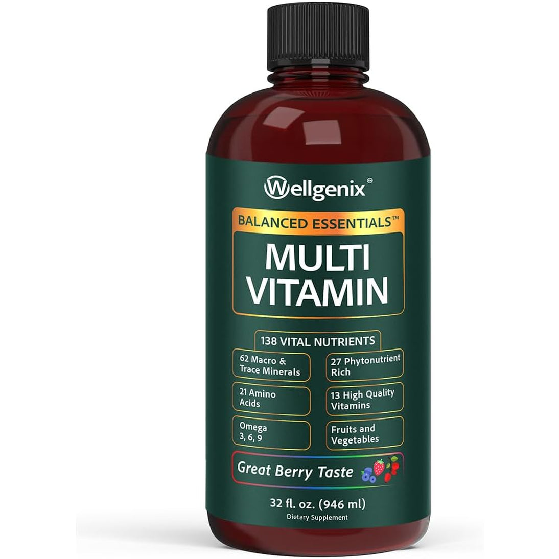 Wellgenix Balanced Essentials Liquid Multivitamin Dietary Supplement with Vitamins and Minerals – Berry Flavor – 32 Fl Oz