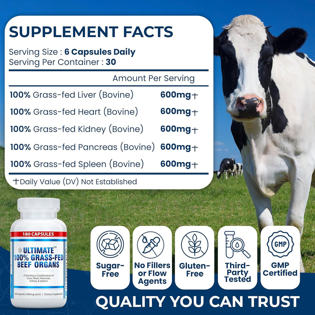 Ultimate 100% Grass Fed Beef Organs Supplement Supports Energy & Whole Body Wellness* with a Complex of Desiccated Beef Liver, Heart, Kidney, Pancreas & Spleen. Pesticide Free & Non-Gmo, 180 Capsules